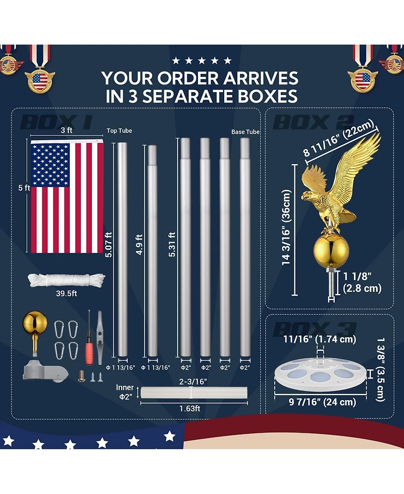 Yescom Bravery 30ft 13 Gauge Sectional Flag Pole Kit w/ Solar Light Eagle Topper