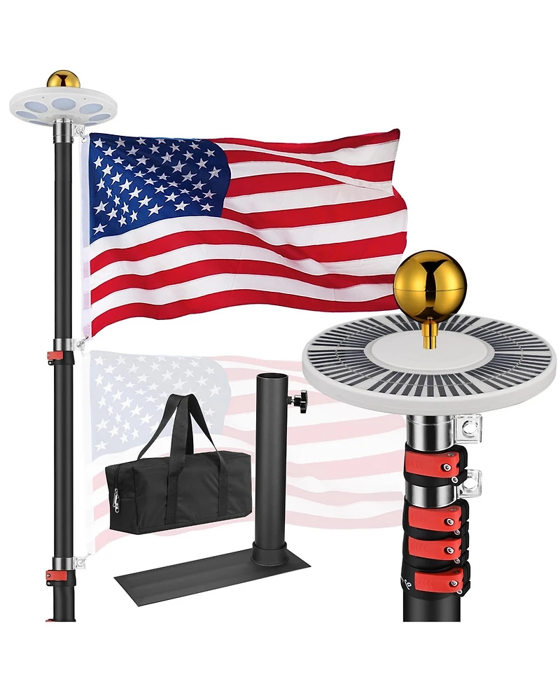 Yescom Ez Go 25Ft Telescopic Flag Pole Kit with Solar Light & Tire Mount Base for Tailgate Outside