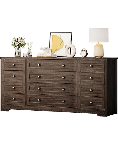 gaomon Wood Dressers for Bedroom with 12 Drawers, 63" Long Wooden Dresser for Living Room, Hallway, 16" Wide Tv Stand Dresser for 65 Inch Tv