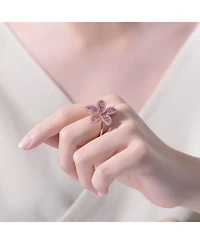 Sterling Silver 18K Rose Plated Clear and Red Cubic Zirconia Flower Coctail Ring