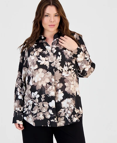 Anne Klein Plus Band-Collar Popover Blouse