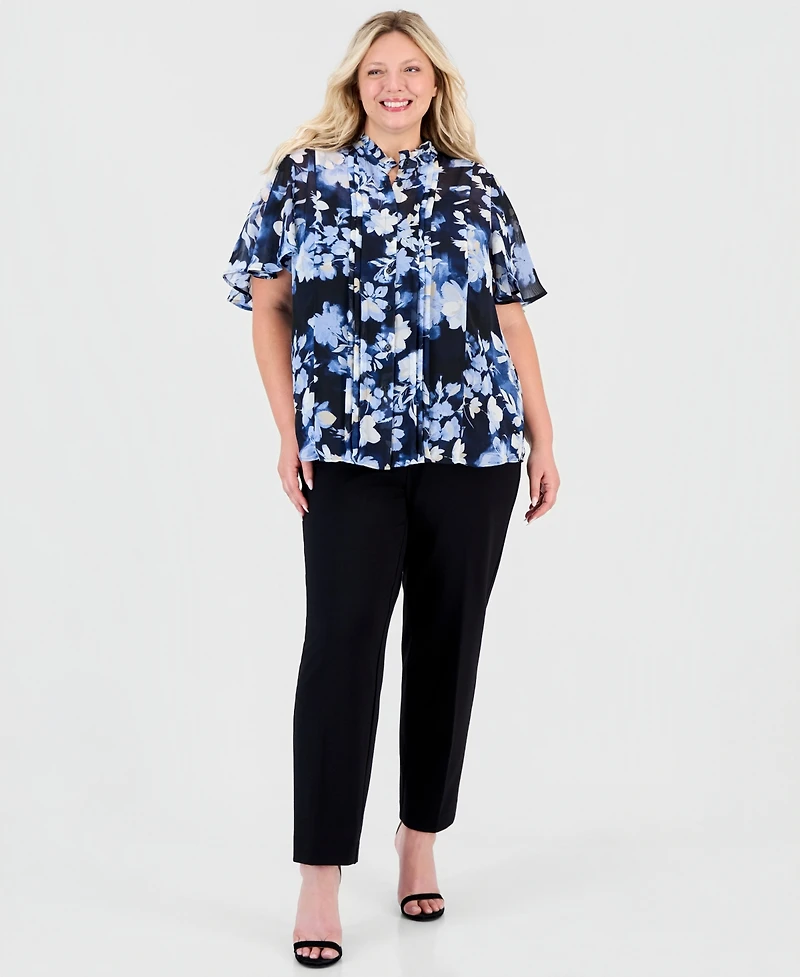 Anne Klein Plus Pleated-Placket Flutter-Sleeve Blouse
