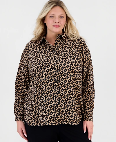 Anne Klein Essentials Plus Geometric-Print Long-Sleeve Shirt