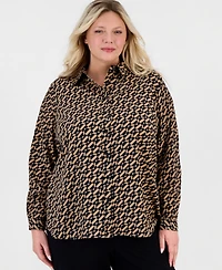 Anne Klein Essentials Plus Geometric-Print Long-Sleeve Shirt