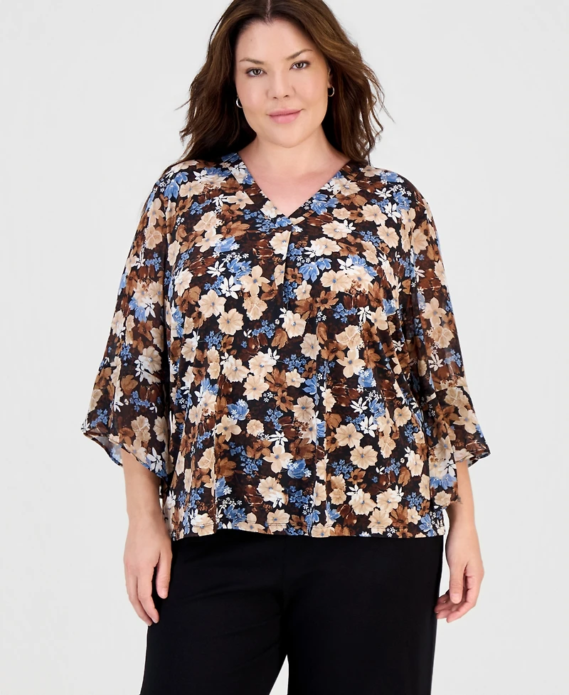 Anne Klein Essentials Plus V-Neck Flared 3/4-Sleeve Top