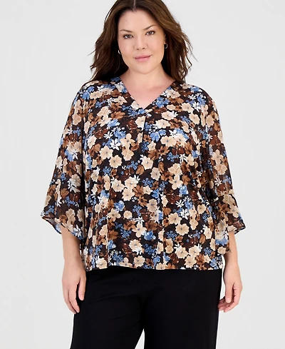 Anne Klein Essentials Plus V-Neck Flared 3/4-Sleeve Top