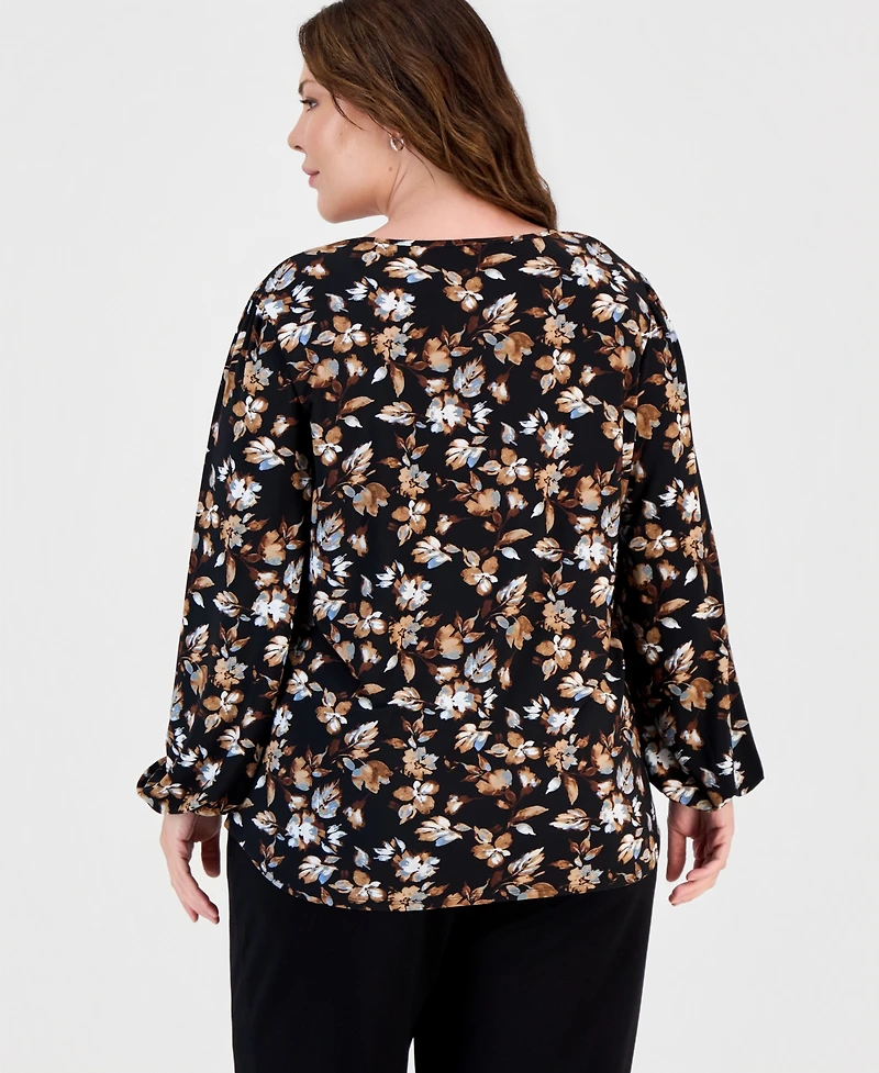 Anne Klein Essentials Plus Keyhole-Neck Long-Sleeve Knit Top