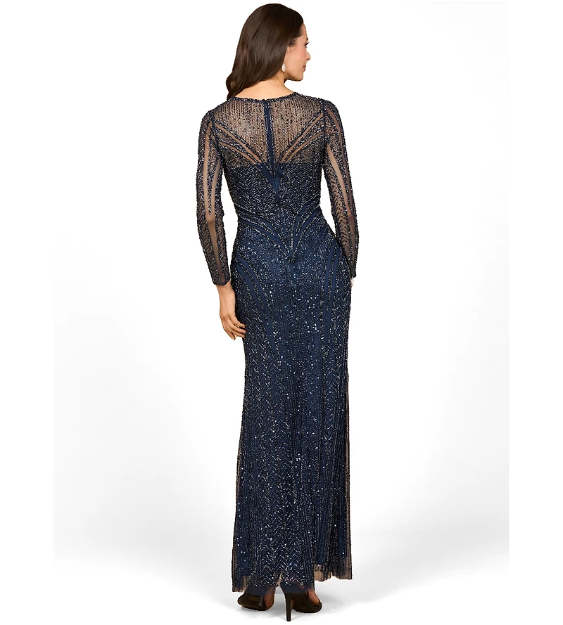 Lara Women's Illusion Neck, Long Sleeve Beaded Gown