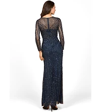 Lara Women's Illusion Neck, Long Sleeve Beaded Gown