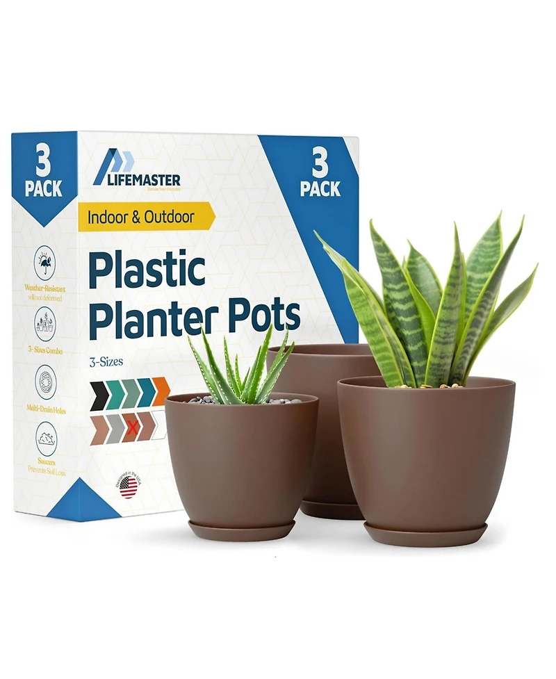 Lifemaster Durable, weatherproof, ideal for indoor/outdoor use, stackable plant pots with drainage holes and saucers, 3-pack (7", 6.7", 6")