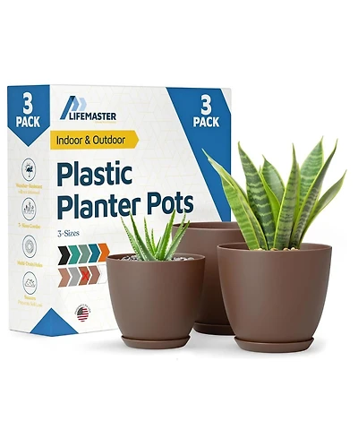 Lifemaster Durable, weatherproof, ideal for indoor/outdoor use, stackable plant pots with drainage holes and saucers, 3-pack (7", 6.7", 6")