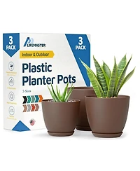 Lifemaster Durable, weatherproof, ideal for indoor/outdoor use, stackable plant pots with drainage holes and saucers, 3-pack (7", 6.7", 6")