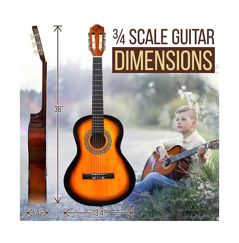 Pyle 36" 3/4 Scale Classic Guitar Kit with Digital Tuner & Accessories - Sunburst, PGACLS82SUN