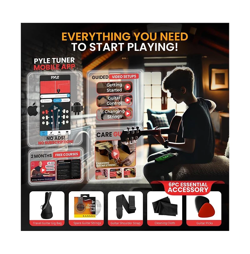 Pyle 41 inch Full-Size Acoustic Guitar Kit, Cutaway Body with Digital Tuner and Accessory Kit