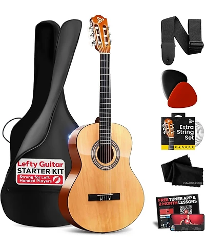 Pyle Left-Handed Beginner Acoustic Guitar Kit - 3/4 Junior Size 36" All-Wood Guitar with Accessories, Tuner App & Lessons, Natural Gloss