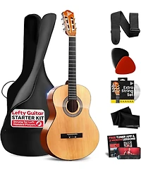 Pyle Left-Handed Beginner Acoustic Guitar Kit - 3/4 Junior Size 36" All-Wood Guitar with Accessories, Tuner App & Lessons, Natural Gloss