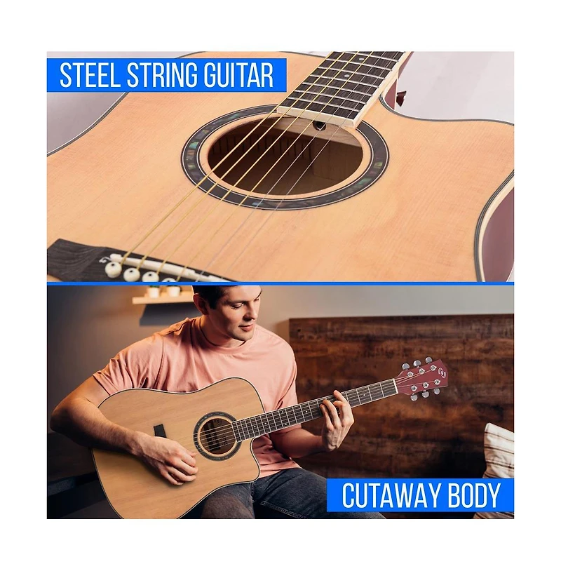 Pyle 41" Acoustic Guitar Kit with Cutaway Body, Accessory Pack - Natural Finish, PGA480NT