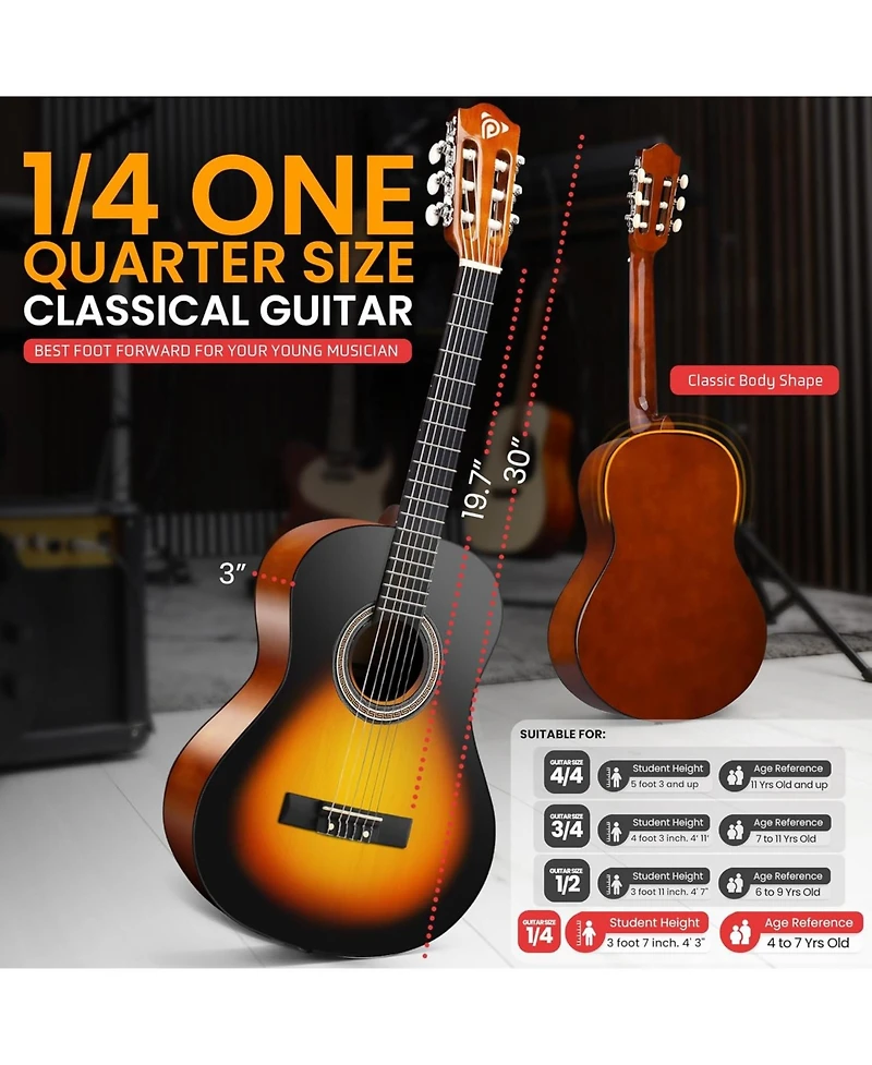 Pyle Beginner Acoustic Guitar Kit, 30" 1/4 Junior Size All-Wood Nylon String Guitar with Capo, Gig Bag, Strap & Strings