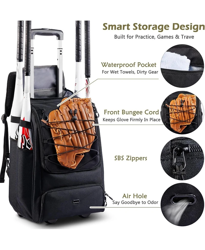 Furlihong Wheeled 60L Youth Baseball Bag - Holds 4 Bats, Rolling Equipment with Shoe Compartment and Fence Hook, for Boys Girls Age 8+