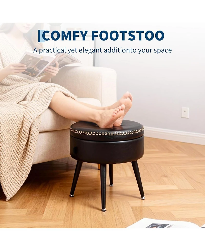 gaomon Modern Storage Ottoman and Vanity Stool,Synthetic Leather Round Seat with Stitching,330 lb Capacity Steel Legs,Multi-Functional Footrest