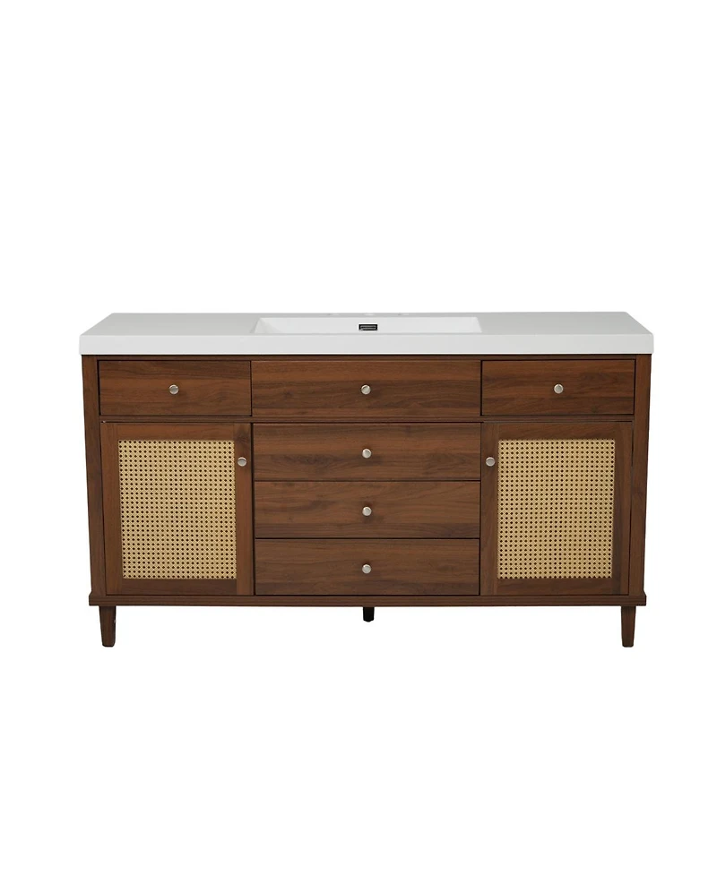 Sillysis 60 Inch Modern Bathroom Vanity with Sink, Brown Solid Wood Mdf Cabinet, Rattan Doors, Soft Close Drawers, Pine Legs