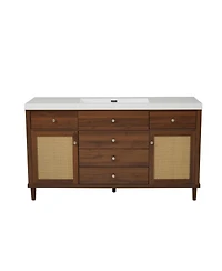 Sillysis 60 Inch Modern Bathroom Vanity with Sink, Brown Solid Wood Mdf Cabinet, Rattan Doors, Soft Close Drawers, Pine Legs