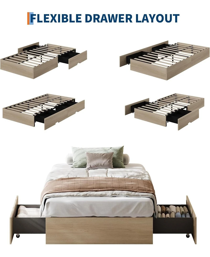 Gaomon Bed Frame with 2 Storage Drawers, No Headboard, Wood Slat Support, Noise Free