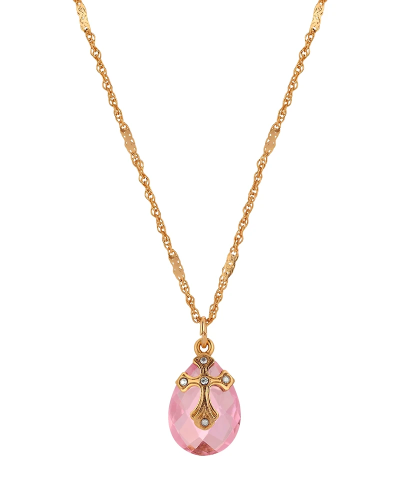 Symbols of Faith 14k Gold Dipped Rose Quartz Oval Glass Drop Crystal Cross 16"+3" Necklace