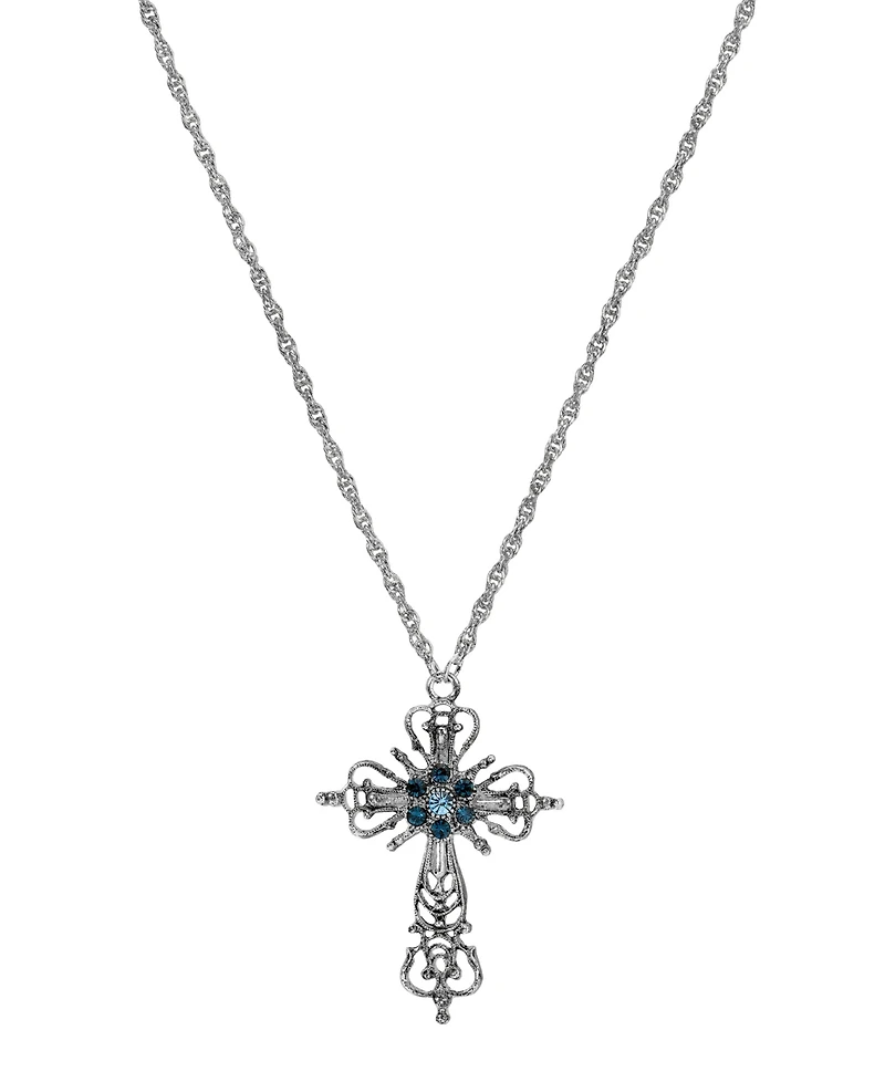 Symbols of Faith Silver-Tone Cross Blue Crystals 30" Necklace