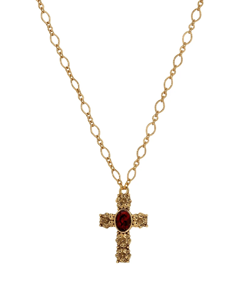 Symbols of Faith Gold-Tone Cross Garnet Oval Stone 28" Necklace