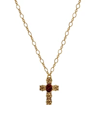Symbols of Faith Gold-Tone Cross Garnet Oval Stone 28" Necklace