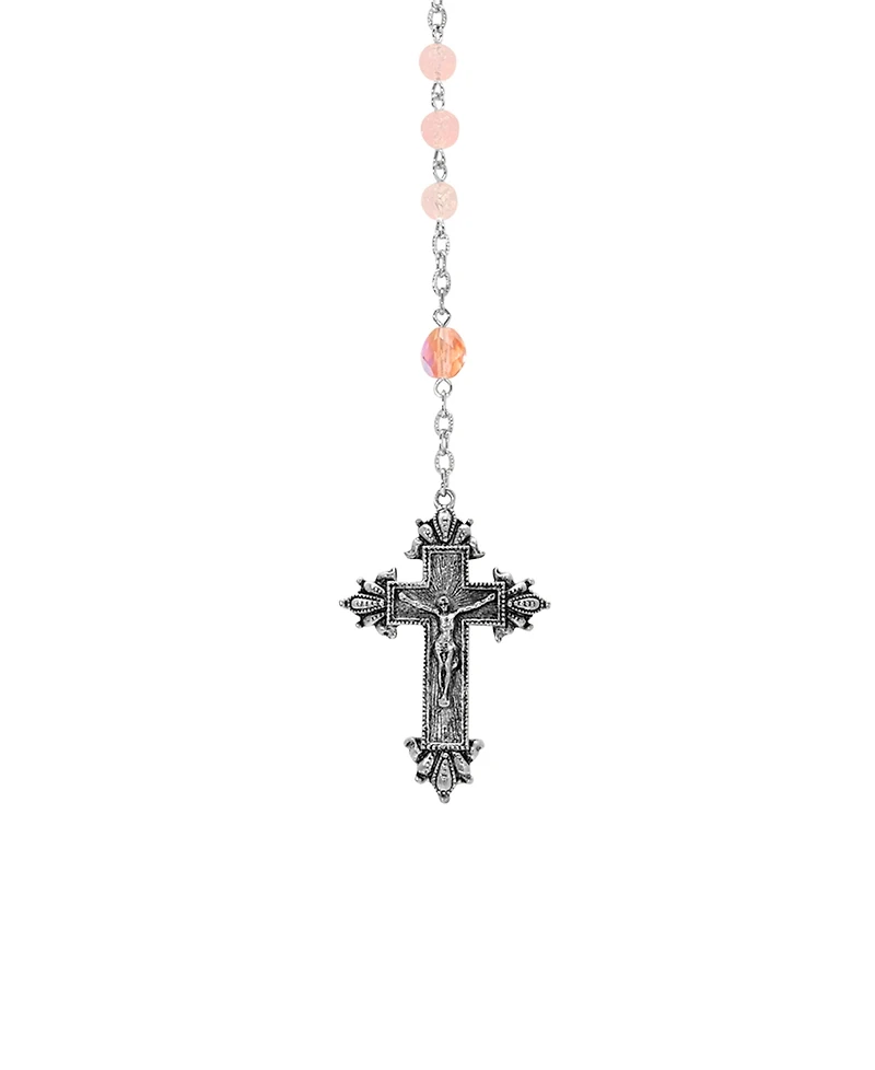 Symbols of Faith Silver-Tone Light Pink Beaded Crucifix Rosary