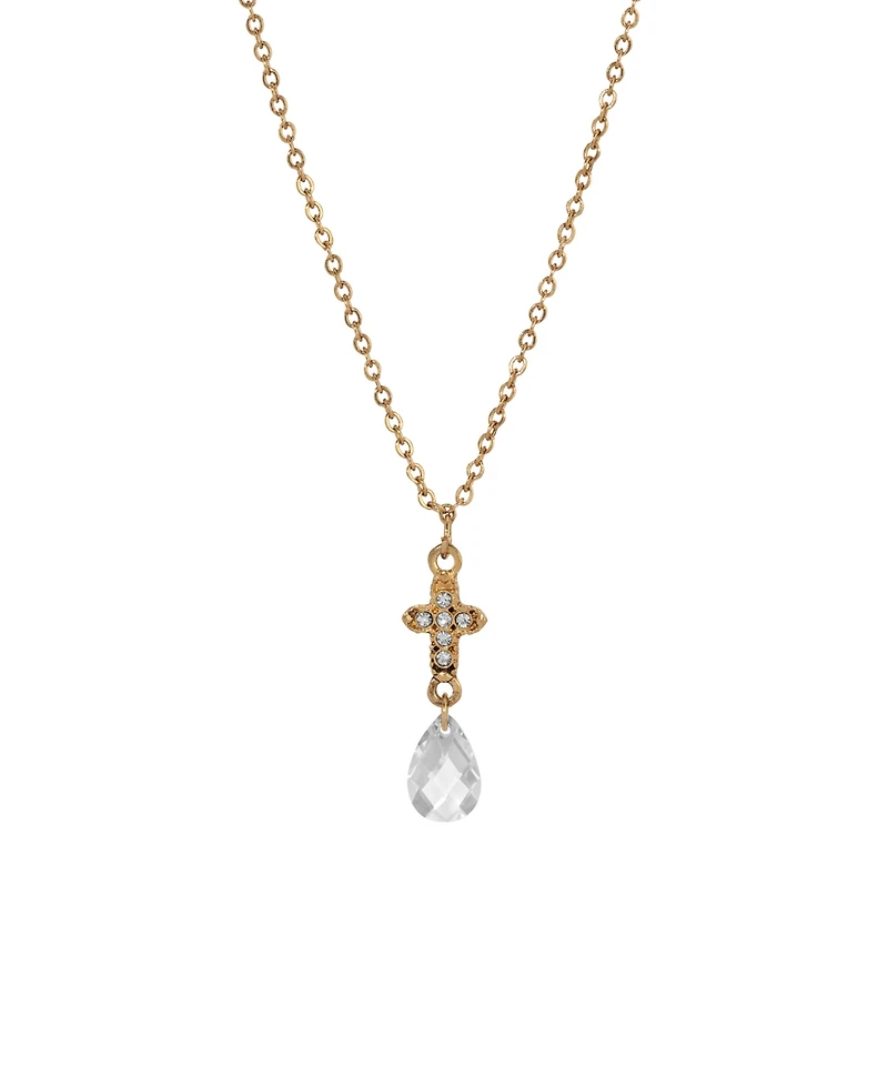 Symbols of Faith Gold-Tone Cross with Clear Crystals Clear Briolette Drop 16" Necklace