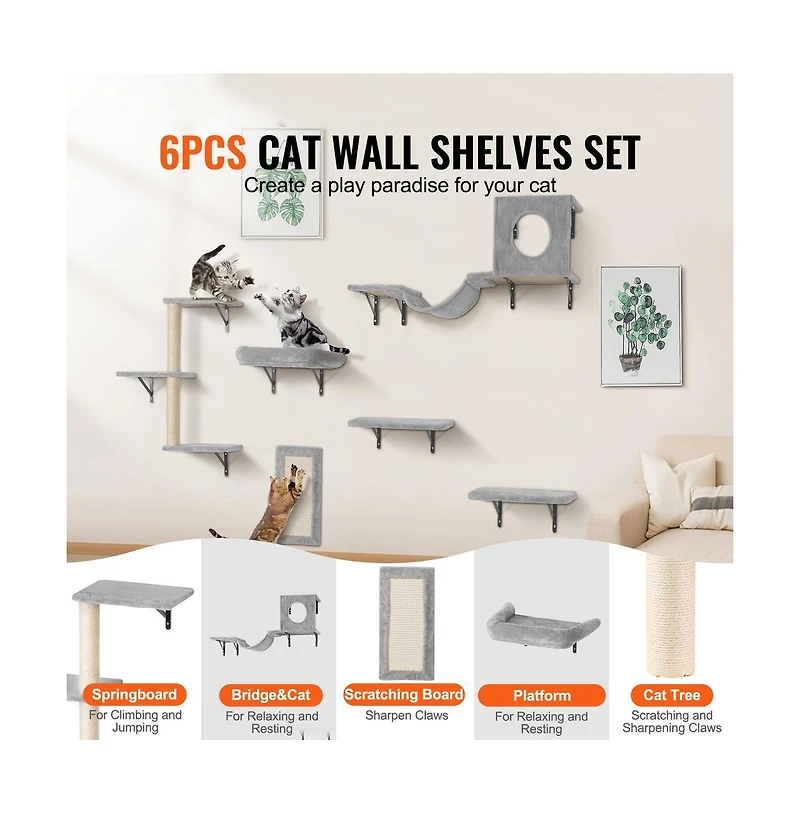 Ruie 6 Pack Wall Mounted Cat Shelves Set with Jumping Boards Hammock Sofa and Post