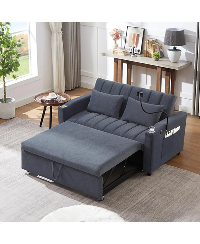 Rainsken Convertible Sofa Bed, Loveseat Sofa with Adjustable Backrest, 360degree(s) Swivel Phone Holder, 2 Cup Holders and Usb Ports for Living Room