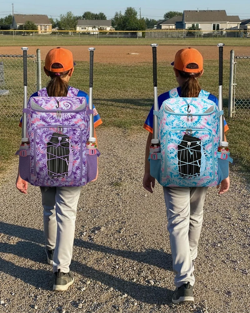 Furlihong Tie-Dye Pattern Baseball and Softball Gear Backpack for Kids Ages 8-14, Youth Bat Bag with Ventilated Shoe Compartment for Cleats, Glove