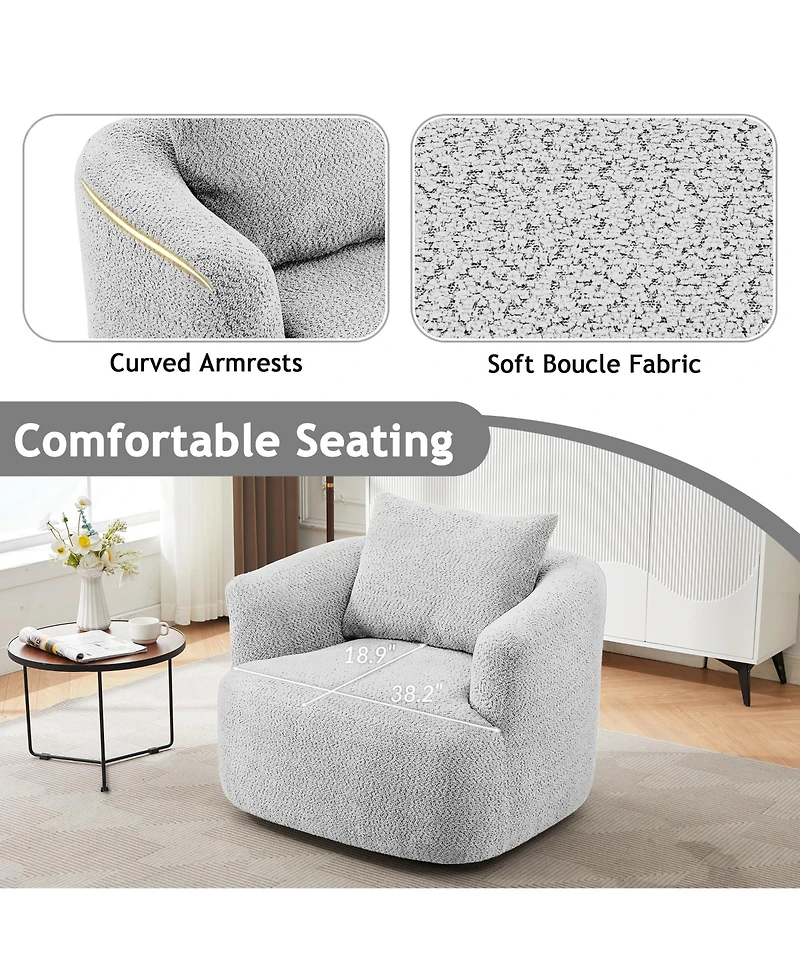 Rainsken 360degree(s) Swivel Sofa Chair, 38.2" Upholstered Barrel Chair with Deep Seating and a Throw Pillow for Living Room, Bedroom