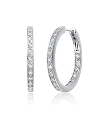 Sterling Silver White Gold and 14K Gold Plated Cubic Zirconia Hoop Earrings