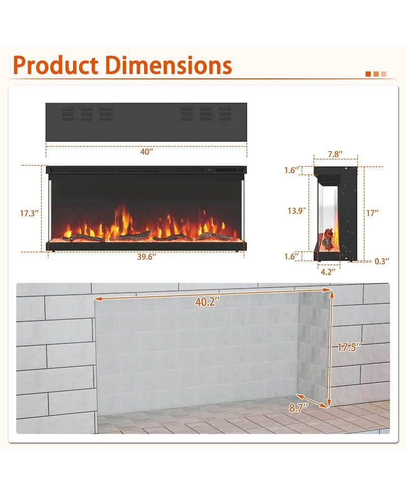 Costway 40" Wide 3-Sided Electric Fireplace Insert with Remote Control 12 Flame Colors