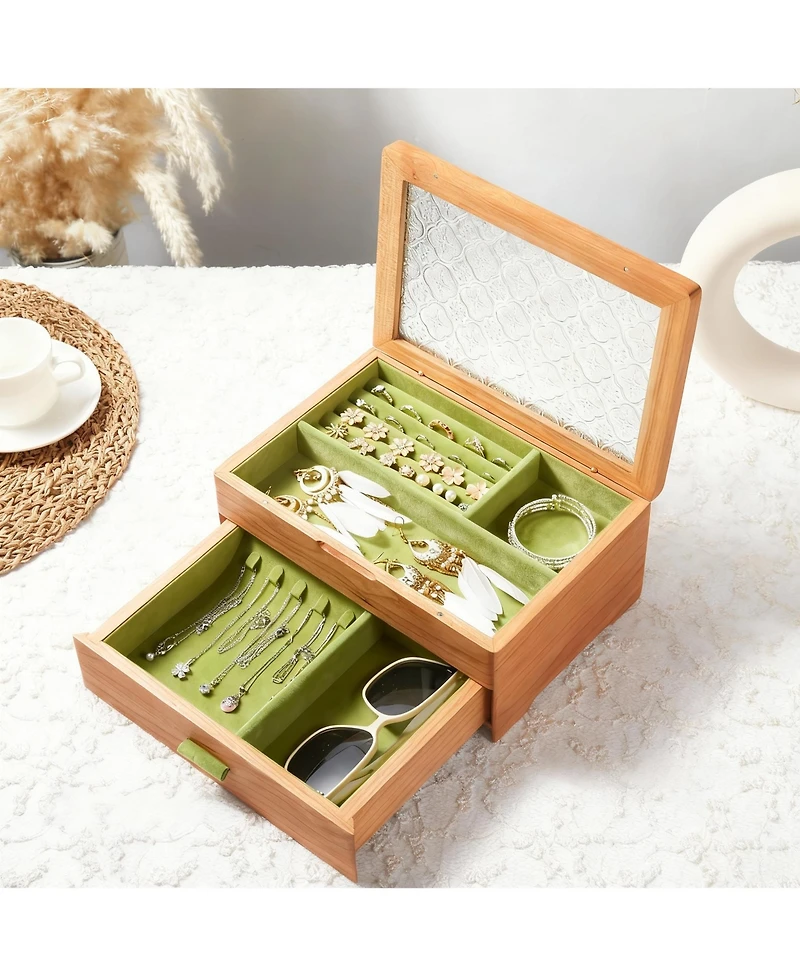 Yigii Solid Cherry Wood 2-Layer Jewelry Organizer with Glass Lid