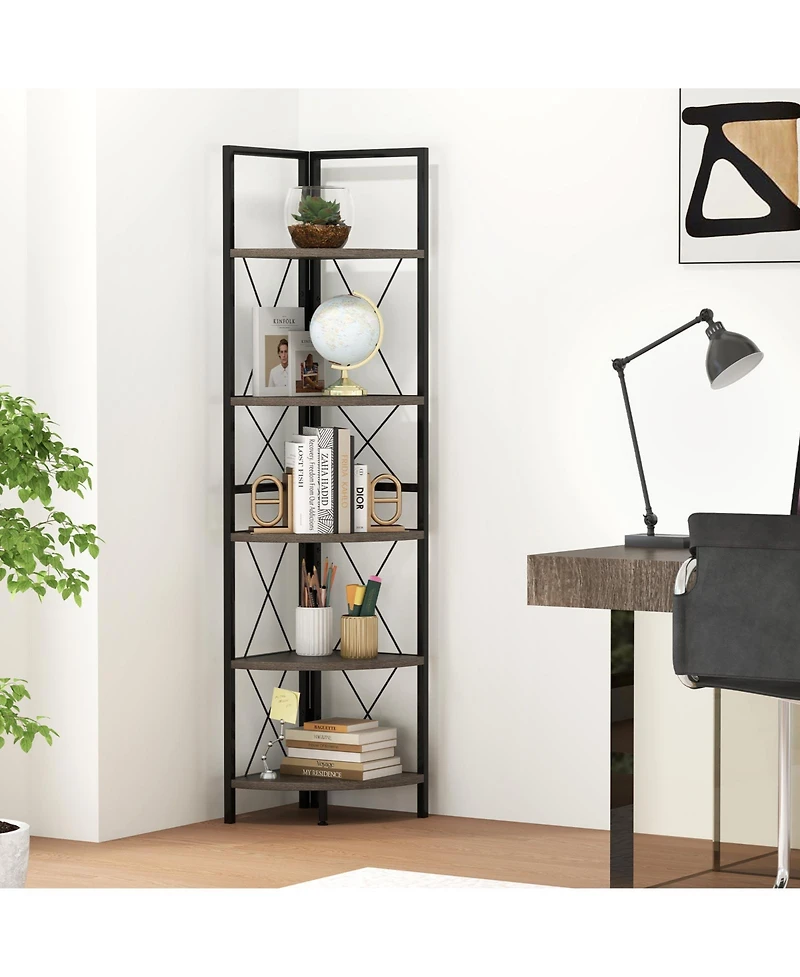 Gymax 2 Piece 5 tier Corner Display Rack Corner Ladder Bookshelf with Sturdy Metal Frame