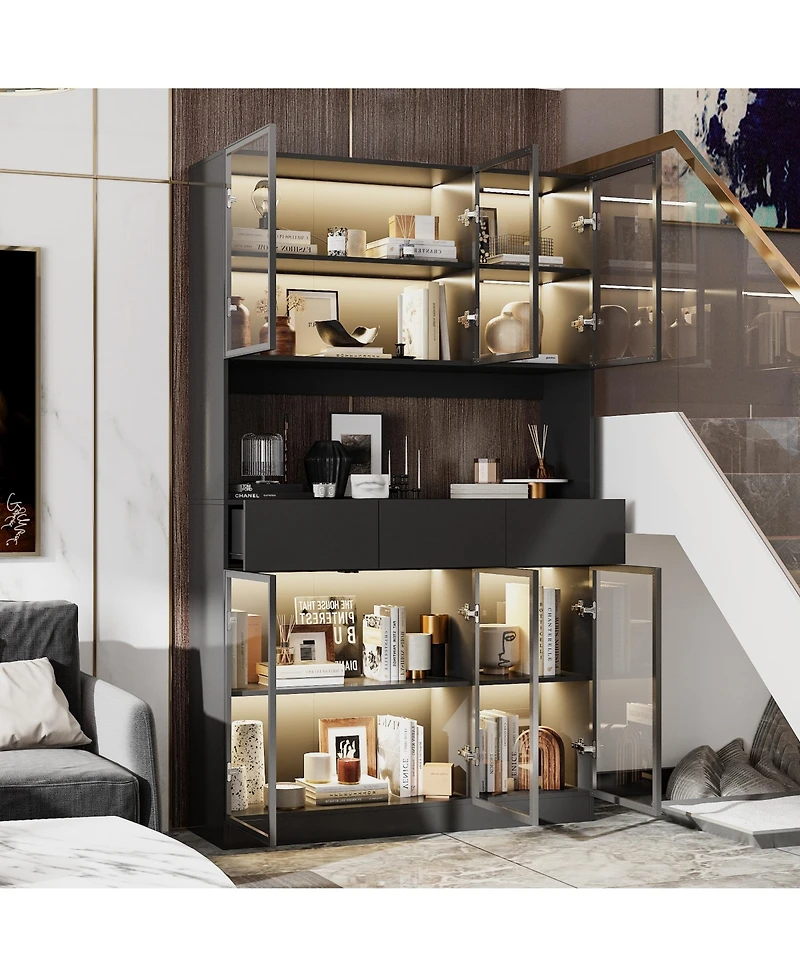 Famapy Bookshelf/Pantry with Glass Door and Led Lights for Living Room/Kitchen