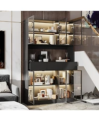 Famapy Bookshelf/Pantry with Glass Door and Led Lights for Living Room/Kitchen