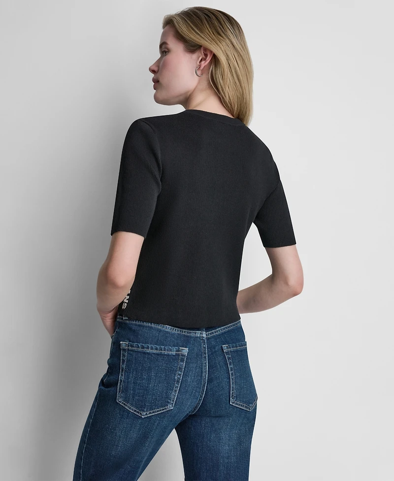Dkny Jeans Women's Side Logo Button Front Elbow Sleeve Crewneck Sweater