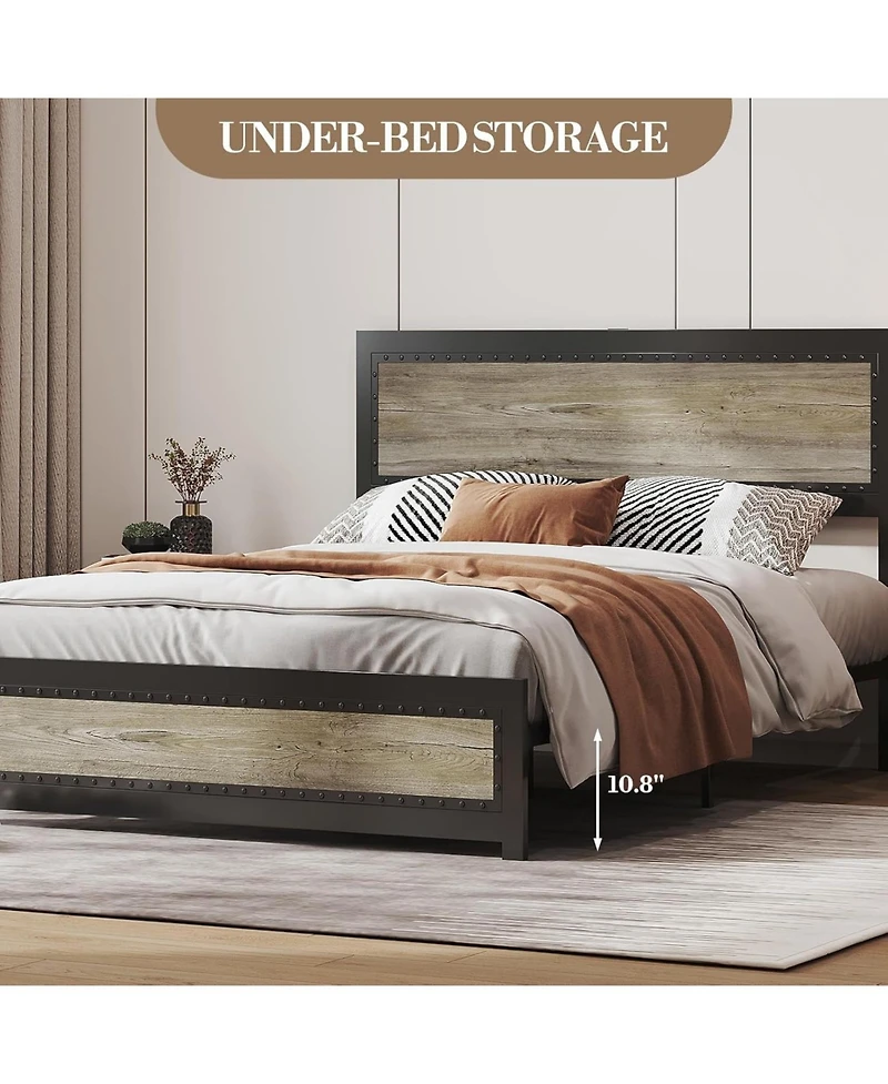 gaomon Industrial Platform Bed Frame with Charging Station And Headboard