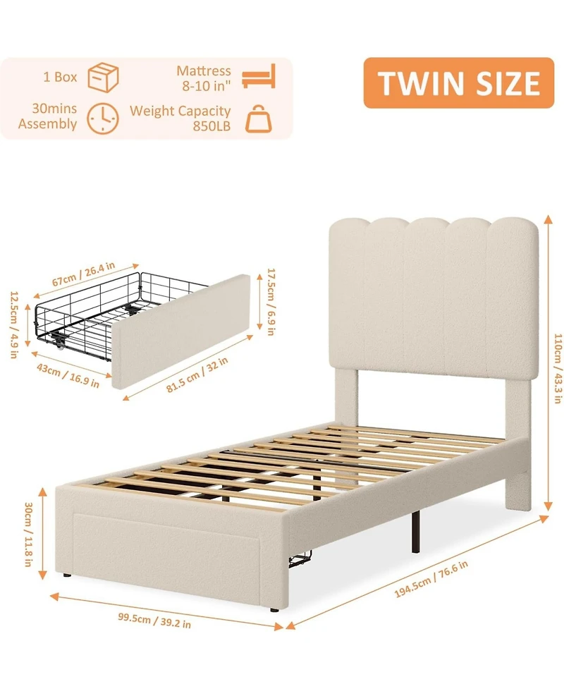gaomon Twin Boucle Platform Bed with Storage Drawer