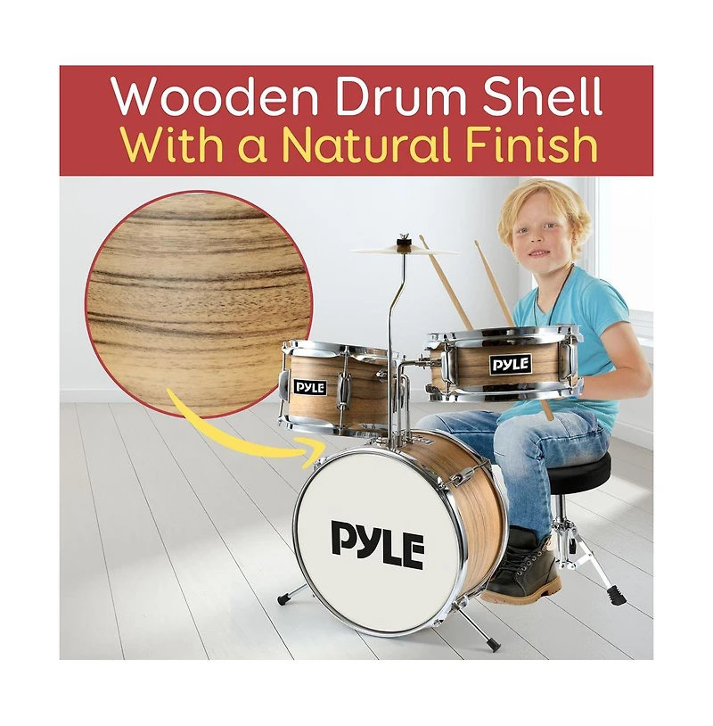 Pyle 3-Piece Kids/Junior Drum Set - Includes Bass Drum, Tom, Snare, Cymbal, Throne, and Sticks, Natural Finish (PDRMKIT72N)
