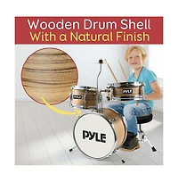 Pyle 3-Piece Kids/Junior Drum Set - Includes Bass Drum, Tom, Snare, Cymbal, Throne, and Sticks, Natural Finish (PDRMKIT72N)