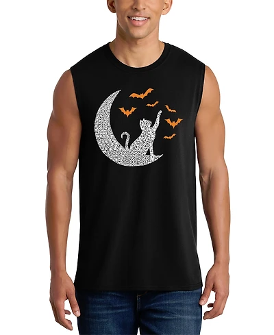 La Pop Art Men's Cat on Moon Halloween Word Graphic Tank Top