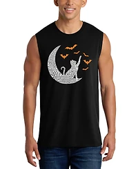La Pop Art Men's Cat on Moon Halloween Word Graphic Tank Top